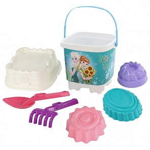 Набор Disney - Холодное сердце №17: ведро-замок большое с наклейкой, ситечко-замок большое, лопатка №32, грабельки №32, 3 формочки-пирожные (Полесье, 65773) (ассортимент)