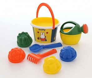 Набор №3 - Миффи-6: ведро среднее с наклейкой, ситечко, совок №2, грабельки №2, лейка малая №4, 4 формочки (Полесье, 64851)
