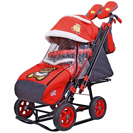 Санки-коляска Snow Galaxy City-2 - Мишка с бабочкой на красном, на больших колесах Eva, сумка, варежки 