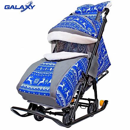 Санки-коляска на больших мягких колесах с сумкой и муфтой - Snow Galaxy Luxe, зимняя ночь, олени синие 