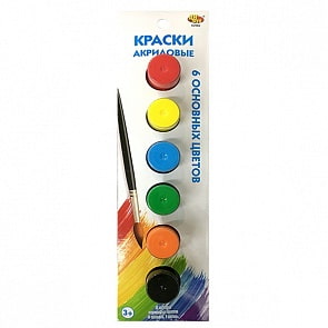 Акриловые краски с кисточкой, 6 цветов (Abtoys, A2680)