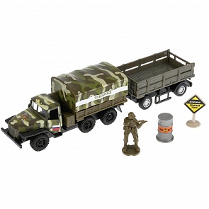 Машина металлическая Урал война, 12 см., открываются двери, съемный тент, инерционная, прицеп (Технопарк, SB-18-26-U(M)+ASST-WB)