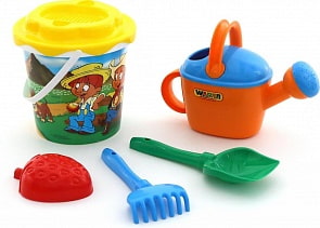 Набор №389: ведро с наклейкой, ситечко Солнышко, лопатка №5, грабельки №5, формочка Фрукты, лейка №8 (Полесье, 38302) (ассортимент)