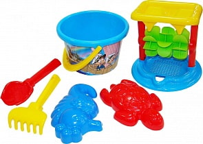 Набор №348: песочная мельница №2, ведро среднее с наклейкой, совок №2, грабельки №2, 2 формочки (Полесье, 35769)