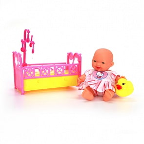 Пупс в кроватке с аксессуарами Hello Kitty, 10 см, бело-желтая одежда (Карапуз, U536-H43085-HELLO KITTYБелЖелsim)