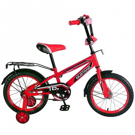 Детский велосипед – Mustang, колеса 16 дюйм, NT -тип, багажник страховочные колеса, звонок, красно-черный 