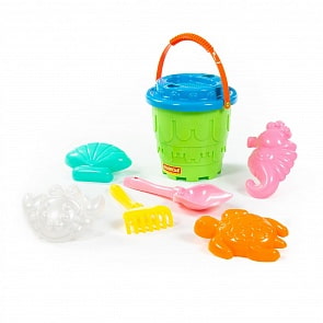 Набор №532: ведро-замок большое, ситечко-замок, лопатка №5, грабельки №5, формочки краб №2 + морской конёк + ракушка №2 + черепаха (Полесье, 51851)