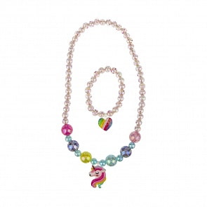 Набор украшений - Unicorn Bijou, 2 предмета: розовые радужно-перламутровые бусы голова единорога, браслет сердце (1Toy, Т19145)