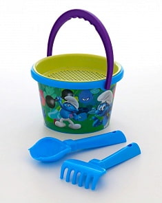 Набор №1 - Смурфики: Затерянная деревня-4: ведро среднее с наклейкой, ситечко, совок №2, грабельки №2 (Полесье, 64998) (ассортимент)
