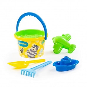 Набор для песка Простоквашино № 3: ведро среднее с наклейкой, ситечко, лопатка, формочка, грабельки, кораблик (Полесье, 83296) (ассортимент)