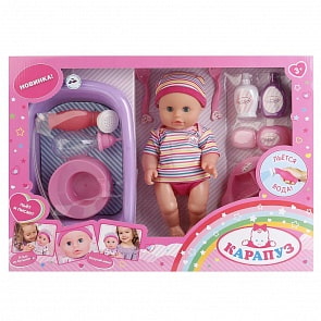 Интерактивный пупс с ванночкой и душем, пьет и писает, с аксессуарами, 33 см. (Карапуз, BAE11199-RUsim)