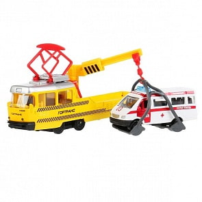 Ремонтный трамвай с машинкой 16,5 см двери открываются инерционная металлическая (Технопарк, SB-17-73-B+GAZEL-WB)