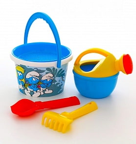 Набор №2 - Смурфики: Затерянная деревня-6: ведро среднее с наклейкой, ситечко, совок №2, грабельки №2, лейка малая №4 (Полесье, 65087) (ассортимент)