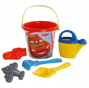 Набор Disney/Pixar Тачки №25: ведро большое с наклейкой, лопата №6, грабли №6, формочки Молния Маккуин + самолёт, лейка №10 (Полесье, 67258)