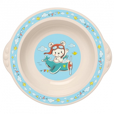 Тарелка детская глубокая с голубым декором, бежевый 