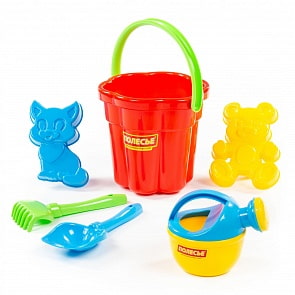 Набор №166: ведро-цветок большое, лопатка №5, грабельки №5, формочки котёнок + медведь, лейка малая №4 (Полесье, 4986)