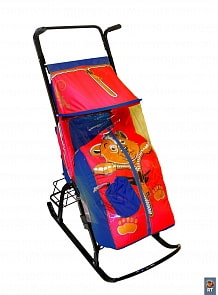 Санки-коляска Снегурочка 42-Р - Медвежонок с 4 колесиками и корзинкой, синий-красный (RT, 3799RT)