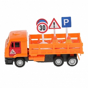 Инерционный металлический Камаз, 12 см с дорожными знаками, открываются двери и багажник (Технопарк, SB-16-80-KAMAZ(WB))