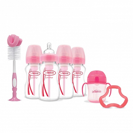 Набор из 4 противоколиковых бутылочек с широким горлышком, 270 мл, чашка-поильник, розовый 