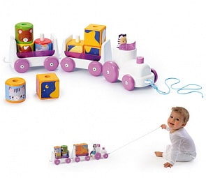 Паровозик Котунс. Каталка за веревочку с пирамидками, от 1 года (Smoby, 211216)