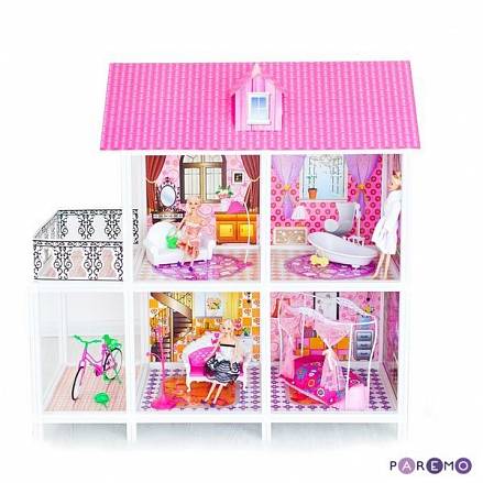 2-этажный кукольный дом, 4 комнаты, мебель, 3 куклы, велосипед 