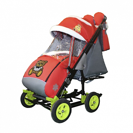 Санки-коляска Snow Galaxy City-3-2 - Мишка с бабочкой на красном на больших надувных колесах, сумка, варежки 