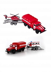 Пожарная машина УРАЛ с машинкой на прицепе, металлическая инерционная, несколько видов (Технопарк, SB-16-13) (ассортимент)
