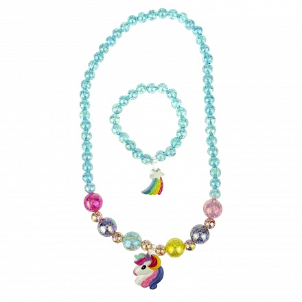 Набор украшений - Unicorn Bijou, 2 предмета: голубые радужно-перламутровые бусы голова единорога, браслет звездочка 