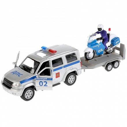 Набор моделей Uaz Patriot Полиция 12 см, инерционный и мотоцикл на прицепе 