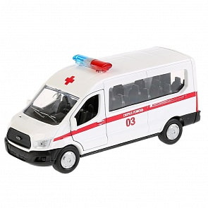 Машина металлическая Ford Transit скорая, длина 12 см, инерционная (Технопарк, SB-18-18-A-W-WB)