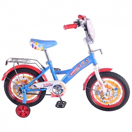 Велосипед детский двухколесный - Фиксики, сине-красный, колеса 14 дюйм с декоративными вставками, рама GW-тип, багажник, страховочные колеса, звонок 