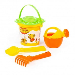 Набор для песка Оранжевая корова № 2: ведро малое с наклейкой, ситечко-цветок, совок №2, грабельки №2, лейка (Полесье, 83166) (ассортимент)