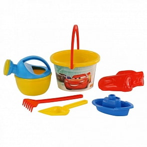 Набор Disney/Pixar Тачки №12: ведро среднее с наклейкой, лопатка, грабельки, формочка Молния Маккуин, кораблик Юнга, лейка малая №4 (Полесье, 66824) (ассортимент)