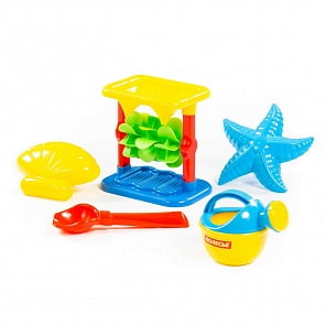 Набор №343: песочная мельница №2 с основанием, совок №2, формочки морская звезда №2 + ракушка №2, лейка малая №3 (Полесье, 35738) (ассортимент)