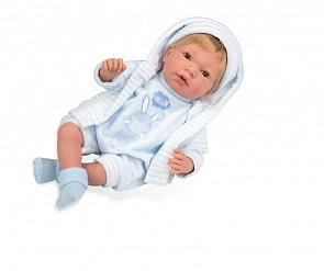 Интерактивная кукла из коллекции Elegance – Пупс, 38 см, с мягким телом, с закрывающимися глазами, в голубой одежде с изображением зайчика и соской, плачет (Arias, Т16355)
