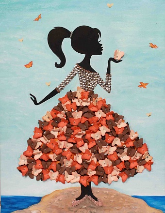 Мозаика из пайеток на холсте - Девочка с бабочками 