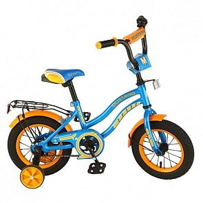 Велосипед детский Mustang, колеса 12", KY -стальная рама, щиток на руле, багажник, страховочные колеса, звонок, цвет – сине-оранжевый (ST12015-KYsim)