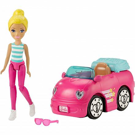 Игровой набор Barbie – В движении, мини-кукла и розовый автомобиль 