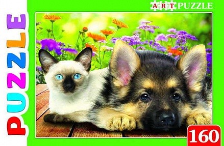 Пазлы Artpuzzle - Сиамский котенок и щенок, 160 элементов 