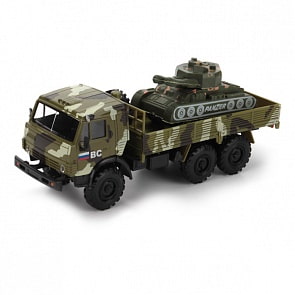 Инерционная металлическая машина КАМАЗ "Военный с техникой"  свет, звук 1:43 (Технопарк, KAMAZ-24sim)