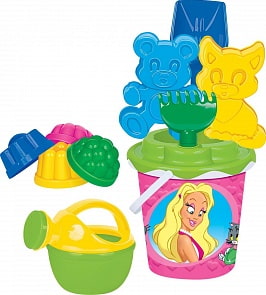 Набор №171: ведро с наклейкой, ситечко Солнышко, лопатка №5, грабельки №5, формочки котёнок + медведь, 4 формочки, лейка малая №4 (Полесье, 5143) (ассортимент)