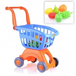 Тележка для маркета Мини + набор продуктов №3 с 6 элементами в сеточке (Полесье 71378)