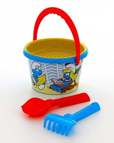 Набор №1 Смурфики-5: ведро среднее с наклейкой, ситечко, совок №2, грабельки №2 (Полесье, 65278) (ассортимент)