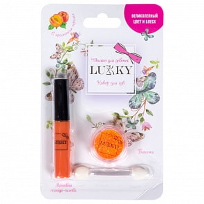 Набор Блестящие губы с оранжевой помадой-основой для губ с ароматом персика и оранжевыми блёстками в баночке с аппликатором (Lukky, Т16150)