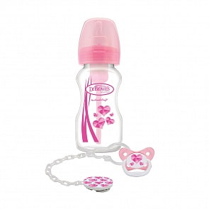 Набор из противоколиковой бутылочки с широким горлышком 270 мл, пустышки 0-6 месяцев, клипсы, ершика, розовый (DrBrowns, WB91306)
