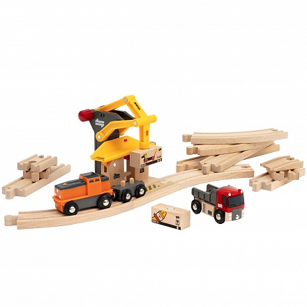 Игровой набор с механическим погрузчиком, поездом, грузовиком, рельсами и 2 грузами 