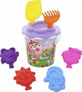 Набор XVI: ведро с наклейкой, ситечко Солнышко, лопатка №5, грабельки №5, 4 формочки большие (Полесье, 0085)