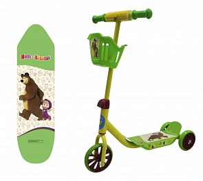 Трехколесный самокат – Маша и Медведь, колеса 6"/5", корзина (1toy, Т11701)
