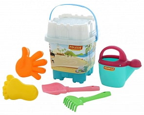 Набор №590: ведро-замок большое с наклейкой, ситечко-замок большое, лопатка №5, грабельки №5, формочки ладошка + ножка, лейка №10 (Полесье, 62444)