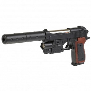 Пистолет с лазерным прицелом, глушителем, фонариком, пульками (100000191)